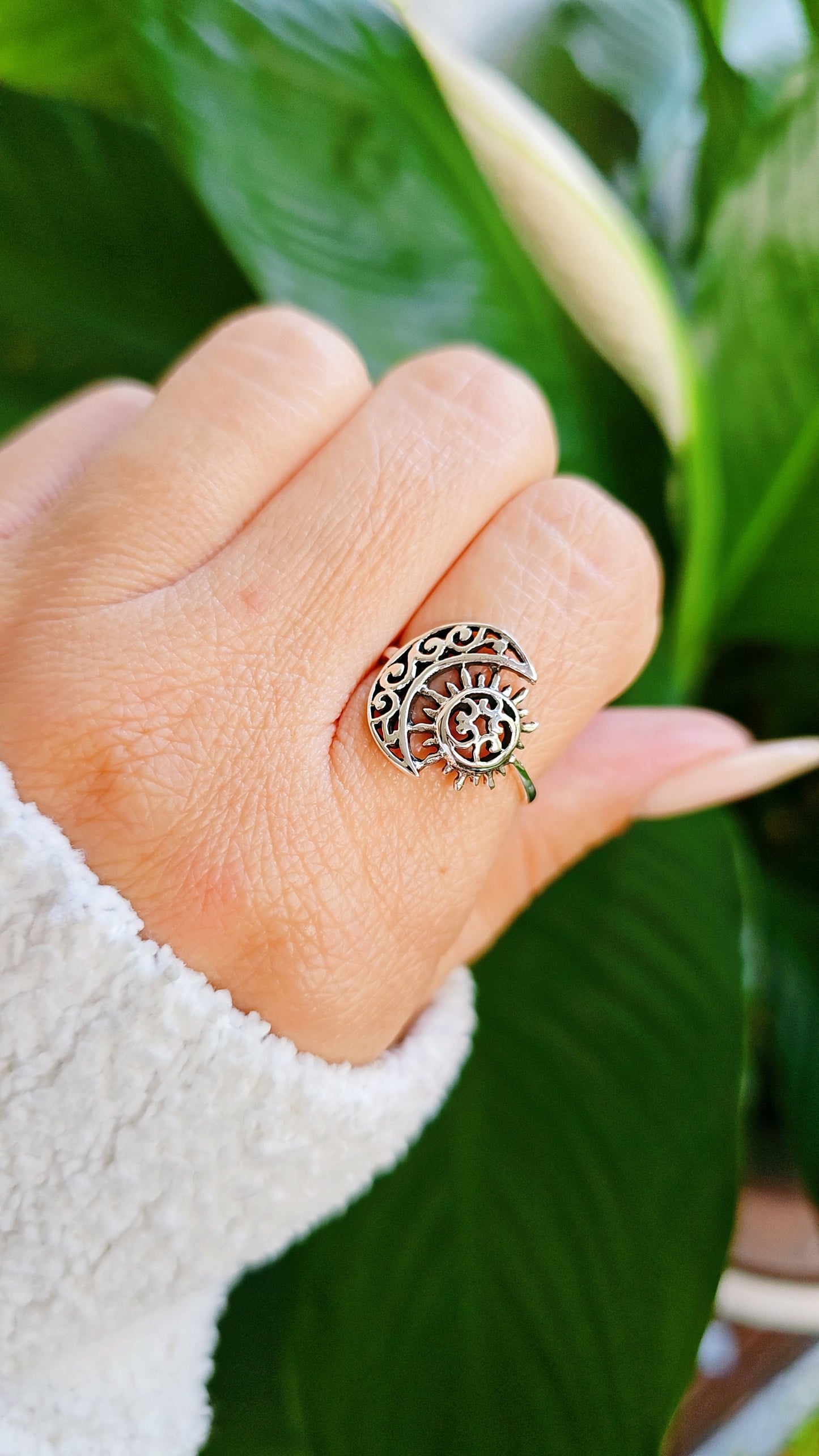 Sterling Silver Ring Moon and Sun Ring, Women Bohemian Ring, Large Moon and Sun Ring for Women, Crescent Moon Ring