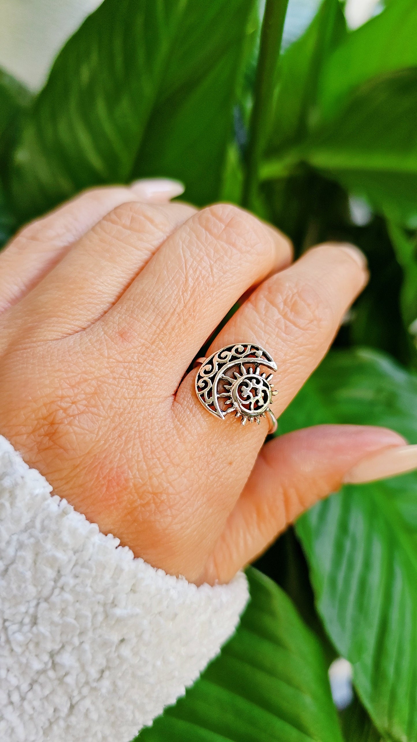 Sterling Silver Ring Moon and Sun Ring, Women Bohemian Ring, Large Moon and Sun Ring for Women, Crescent Moon Ring