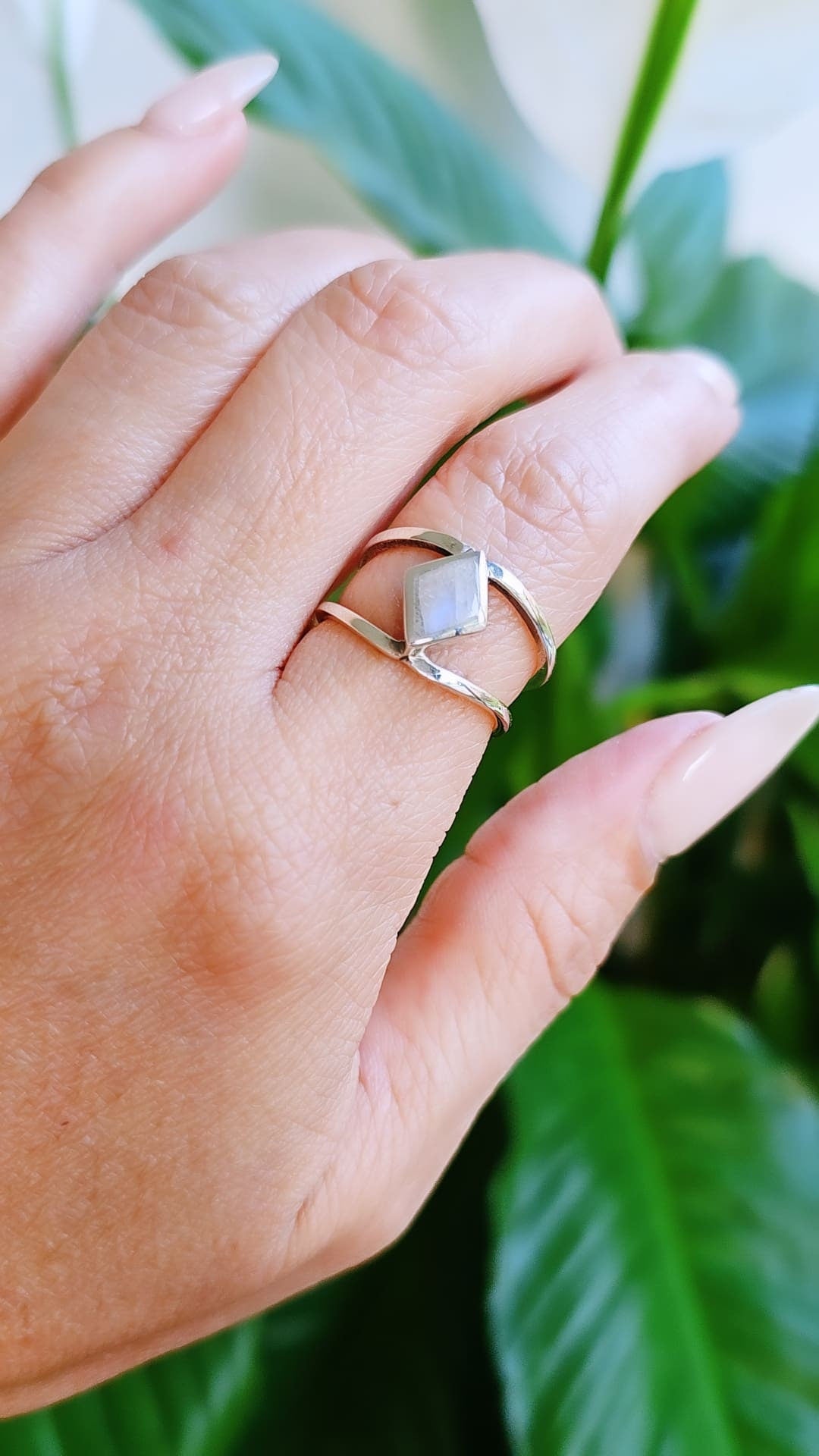 Sterling Silver Moonstone Ring, Women Rainbow Moonstone Double Band Ring, Stack Ring, Boho Jewelry , 925 Stamped