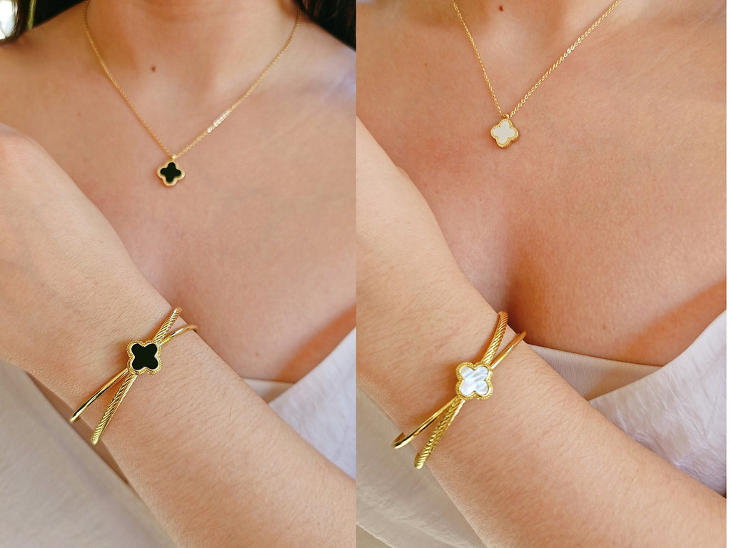 Black Clover Gold Reversable Mother of Pearl Necklace