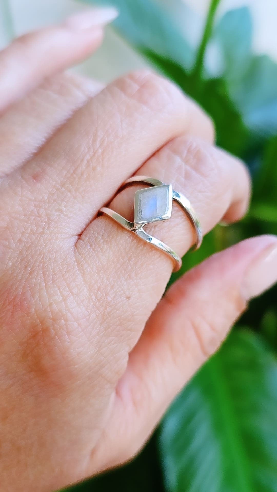 Sterling Silver Moonstone Ring, Women Rainbow Moonstone Double Band Ring, Stack Ring, Boho Jewelry , 925 Stamped