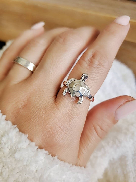 Unique Mother of Pearl Sea Turtle Sterling Silver Ring – 925 Stamped, High Polish, Inlay Design, Nautical Inspired