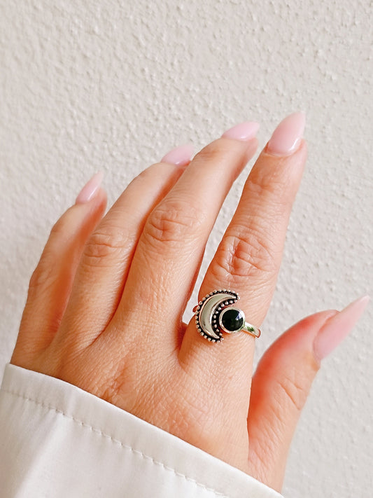 Sterling Silver Crescent Onyx Moon Beaded Moon
