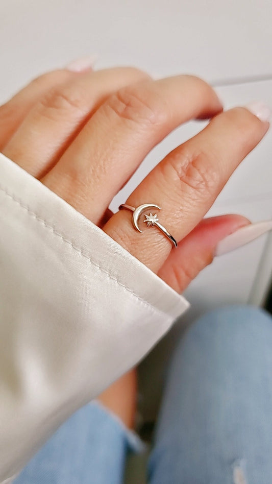 Moon Star Thin Crescent Moon Ring