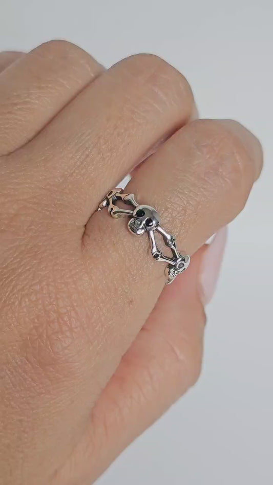 Sterling Silver Skull and Crossbones Ring – Gothic Eternity Band, Unisex, Oxidized Finish, Halloween Jewelry