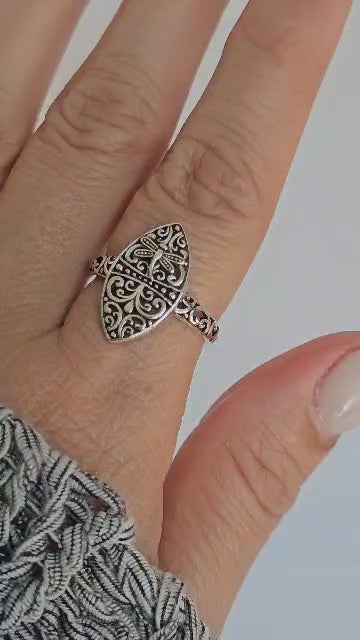 Sterling Silver Dragonfly Ring | 925 Vine Marquise Ring | Oxidized Silver Nature Jewelry | Minimalist Non-Tarnish Ring for Women