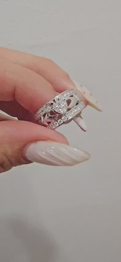 Sterling Silver Claddagh Ring w/ Clear CZ Stone - 9mm Face Height