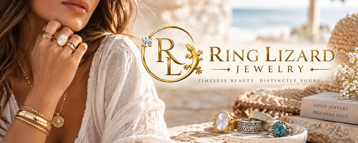 Woman wearing Ring Lizard sterling silver rings and jewelry